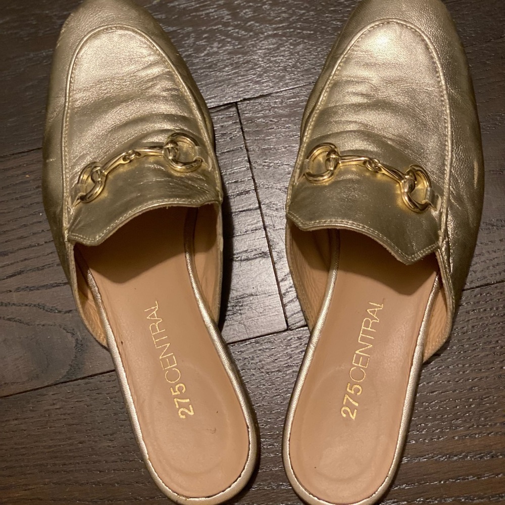 275 central flat mule slides with buckle 9 gold
